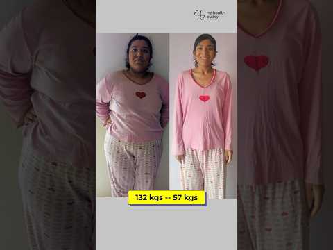 Before and after photo showing a full body weight loss transformation from 132 kg to 75 kg